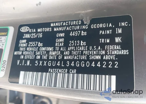 2016 Kia Optima Ex z USA, uszkodzony, nr VIN 5XXGU4L34GG044222